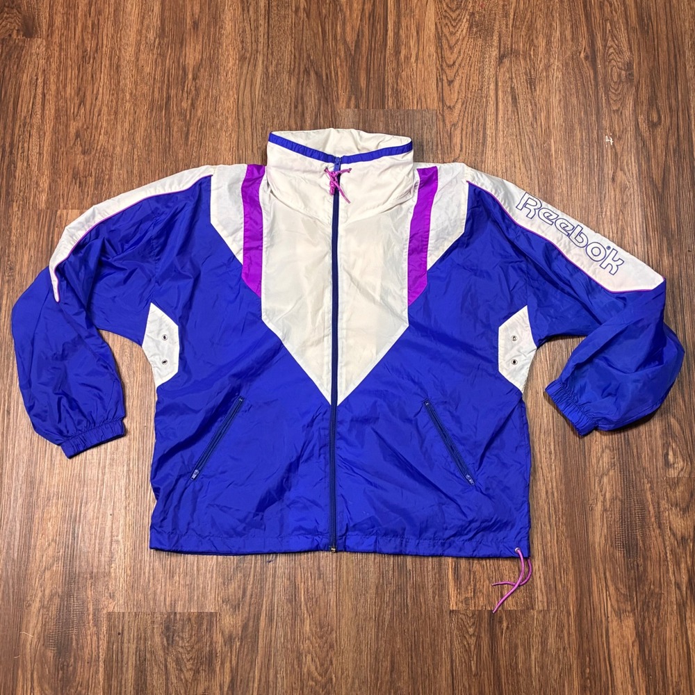 Reebok Windbreaker Jacket Mens L Blue White Purple Exc Vintage 90s Spellout